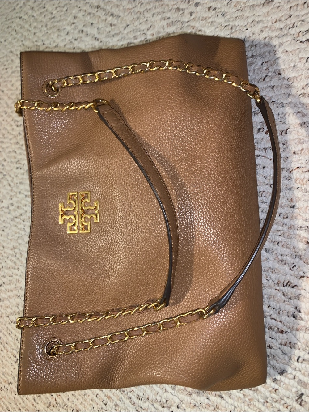 Tory Burch Tan Pebbled Leather Shoulder Tote with Gold Chain